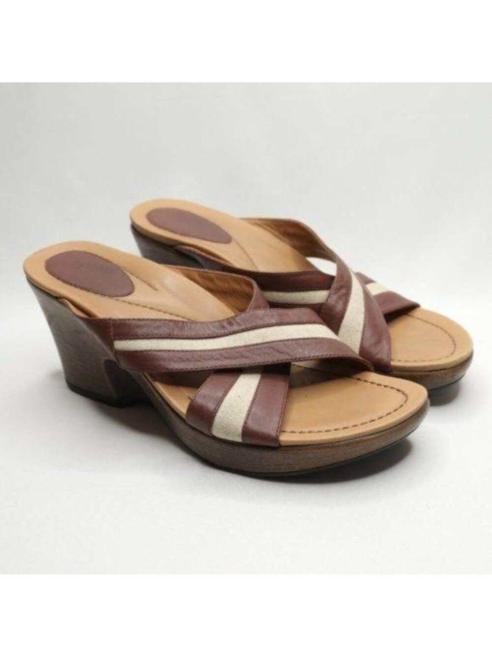 Dansko Neeci Women's Size 40 Brown Cream Leather Wedge Clog Slide Sandals